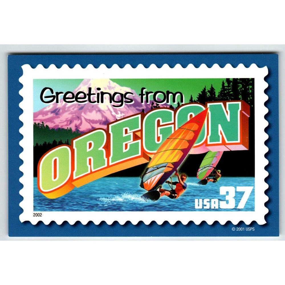 Greetings From Oregon Large Letter Chrome Postcard USPS 2001 Wind Surf Sailing
